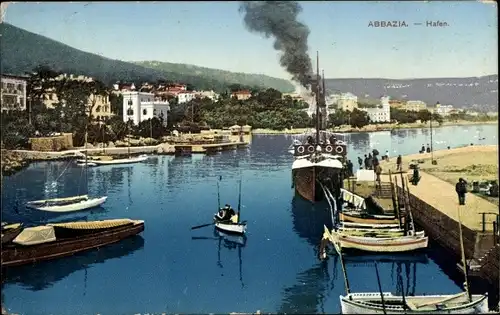 Ak Opatija Kroatien, Pristaniste, Abbazia, Hafen, Ruderboot