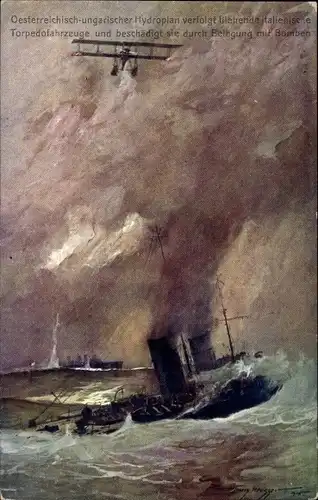Künstler Ak Heusser, Harry, KuK Marineflugboot verfolgt italienische Kriegsschiffe, I WK