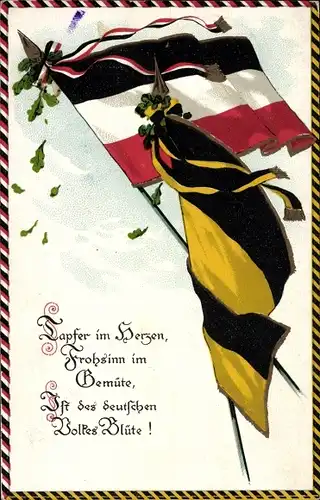 Ak Tapfer im Herzen, Frohsinn im Gemüte, Wehende Fahnen, Deutschland, Österreich, I. WK