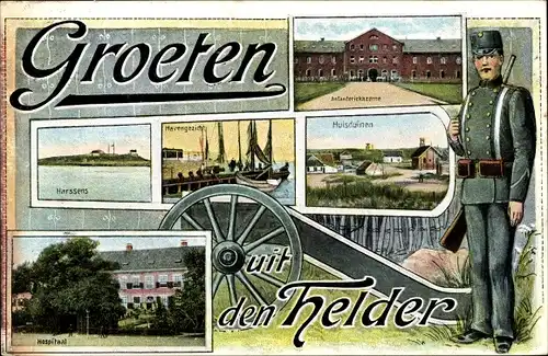 Ak Den Helder Nordholland Niederlande, Niederländischer Soldat in Uniform, Hafen, Kanone