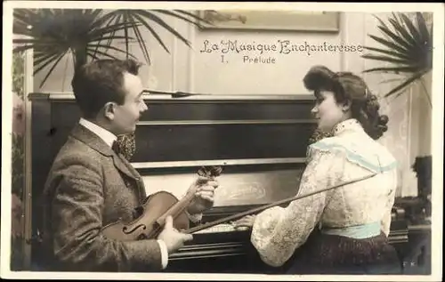 5 alte Ak Serie Liebespaar beim musizieren mit Geige und Klavier, diverse Ansichten