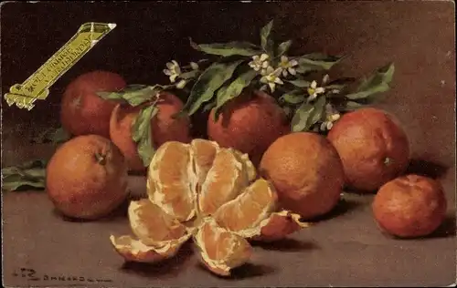 Künstler Ak Orangen, Apfelsinen, Obst, Stillleben