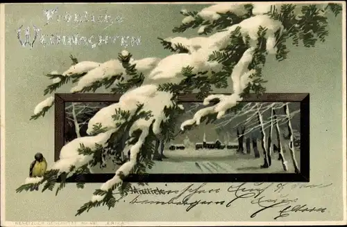 Künstler Litho Mailick, Glückwunsch Weihnachten, Tannenzweig, Schnee, Vogel