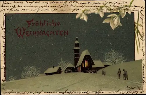 Künstler Litho Mailick, Glückwunsch Weihnachten, Ortschaft im Winter, Schneeglöckchen