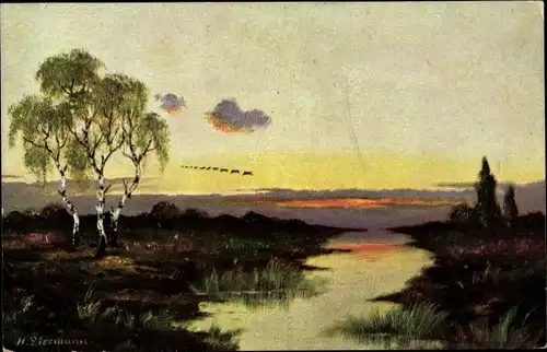 Künstler Ak Lissmann, Landschaft mit Fluss und Birken
