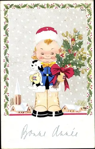 Ak Glückwunsch Neujahr, Mädchen mit Stechpalmenzweigen und Misteln, Schneefall