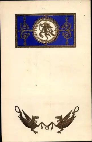 Präge Litho Wappen mit Engel, blauer Hintergrund, Greife