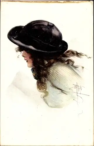 Künstler Ak Portrait einer jungen Frau mit Hut