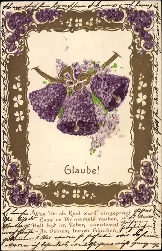 Präge Litho Glaube, Allegorie, Glocken aus Veilchenblüten