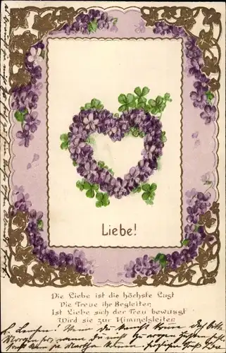Präge Litho Allegorie, Liebe, Herz aus Veilchen, Kleeblätter