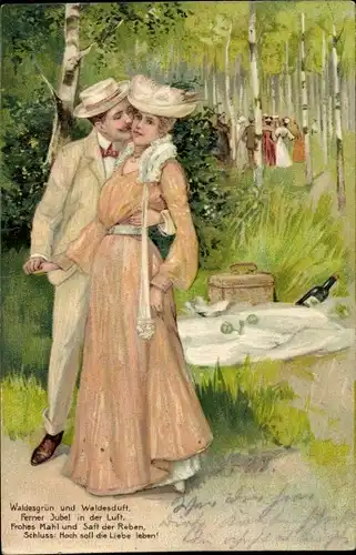 Präge Litho Liebespaar auf einer Wiese, Picknick