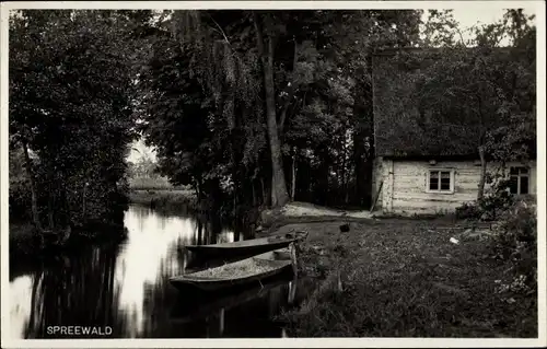 Ak Spreewald, Haus mit Fluss und Booten und Wald