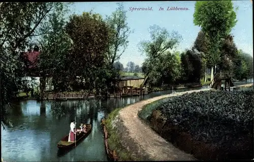 Ak Lübbenau Spreewald, Fluss, Gondel, Promenade am Wasser