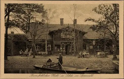 Ak Lehde Lübbenau im Spreewald, Gasthaus Zum Fröhlichen Hecht, Spreewaldkahn