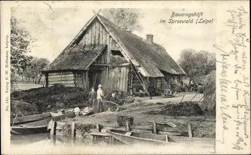 Ak Leipe Lübbenau im Spreewald, Bauerngehöft, Kinder, Kähne