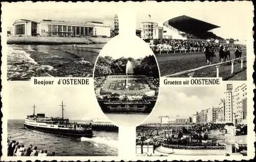 Ak Ostende Ostende Westflandern, Stadion, Pferderennsport, Dampfer, Blumenuhr