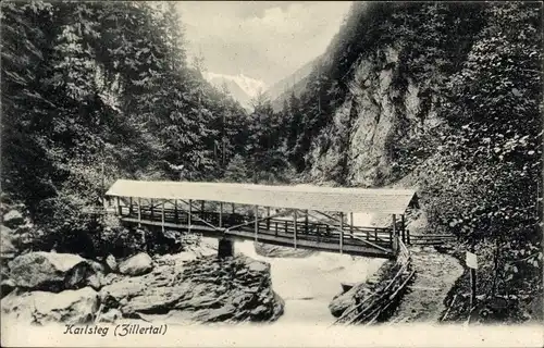 Ak Tirol Zillertal, Karlsteg, Holzbrücke, Pfad, Tal, Wald