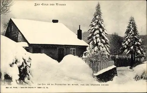Ak Les Cols des Vosges, eingeschneites Fachwerkhaus