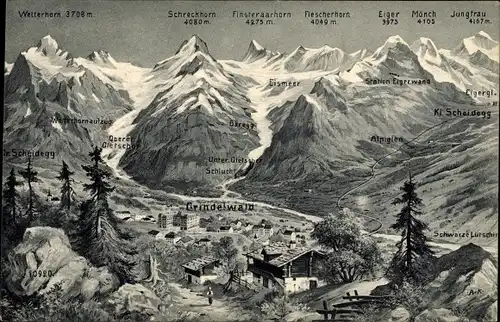 Ak Grindelwald Kanton Bern, Gesamtansicht, Schreckhorn, Eiger, Mönch, Jungfrau, Wetterhorn