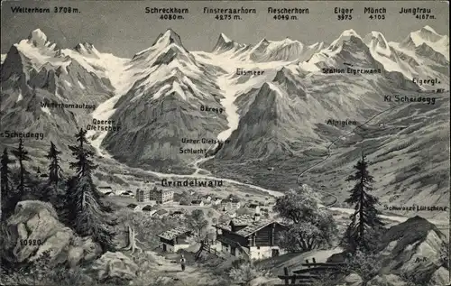 Ak Grindelwald Kanton Bern, Gesamtansicht, Schreckhorn, Eiger, Mönch, Jungfrau, Wetterhorn