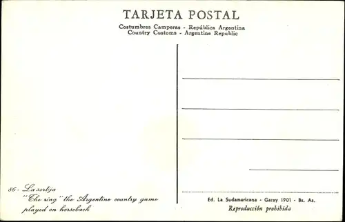 Künstler Ak La sortija, Der Ring, das argentinische Landspiel, gespielt zu Pferd
