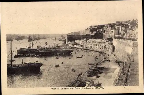 Ak Valletta Malta, Grand Harbour, Stadtpanorama, Dampfer