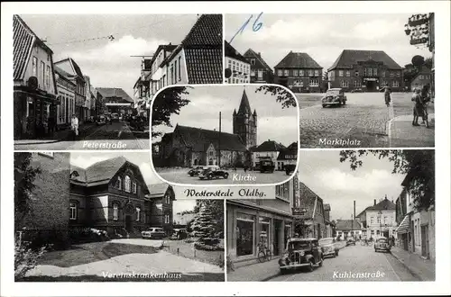 Ak Westerstede in Oldenburg Ammerland, Teilansichten, Kirche, Krankenhaus, Markt
