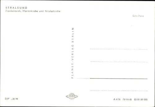 Ak Stralsund in Vorpommern, Frankenteich, Marienkirche und Nicolaikirche