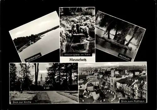 Ak Meuselwitz in Thüringen, Hainbergsee, Wasserspiele im Park, Mühlteich, Kirche, Blick zum Rathaus