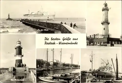 Ak Ostseebad Warnemünde Rostock, Leuchtturm, Mole, Molenkopf, Alter Strom, Warnowwerft