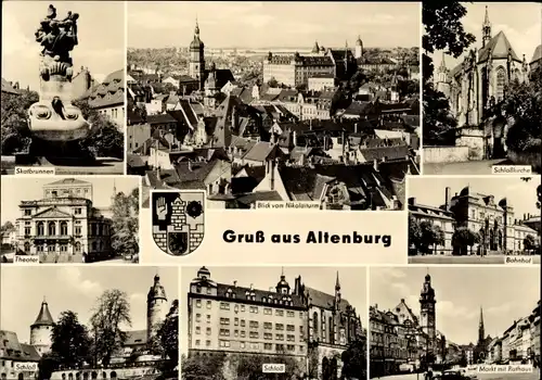 Ak Altenburg in Thüringen, Skatbrunnen, Schlosskirche, Bahnhof, Schloss, Rathaus