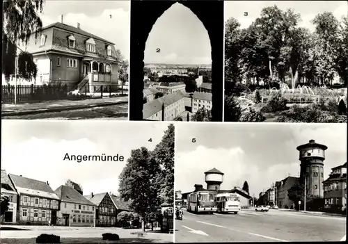 Ak Angermünde Uckermark, Kreispoliklinik, HOG Haus Uckermark, Bushalteplatz am Bahnhof, Wasserturm