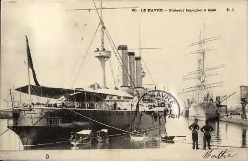 Ak Spanisches Kriegsschiff Don Carlos V im Hafen von Le Havre