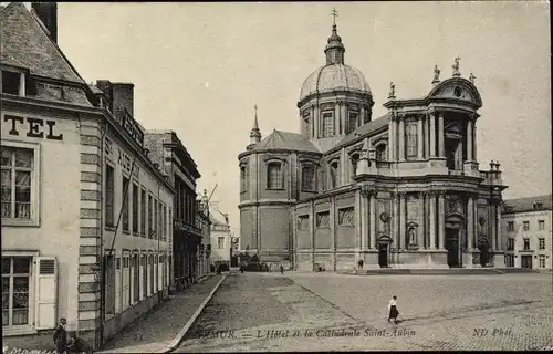 Ak Namur Wallonien, Das Hotel und die Kathedrale Saint-Aubin