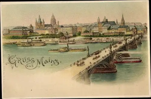 Litho Mainz am Rhein, Panorama, Brücke, Dampfer