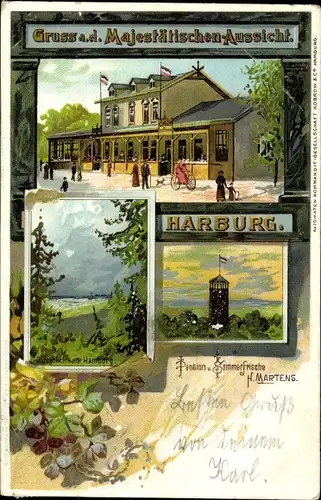 Passepartout Litho Hamburg Harburg, Gasthaus Majestätische Aussicht, Aussichtsturm