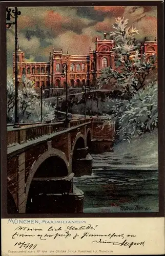 Künstler Litho Diemer, Zeno, München, Maximilianeum bei Dämmerung, Fluss und Brücke