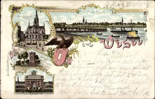 Litho Wesel am Niederrhein, Schill Denkmal, Berliner Tor, Markt, Kirche, Totalansicht, Wappen, Adler