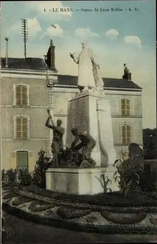 Ak Le Mans Sarthe, Statue von Leon Bollee