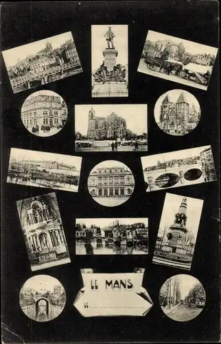 Ak Le Mans Sarthe, Gebäude, Statue, Gewässer