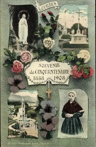 Ak Lourdes Hautes Pyrénées, Kirche, Statue, Rosen, Rosenkranz, Betende, Denkmal