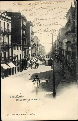 Ak Barcelona Katalonien Spanien, Calle Mayor, Gracia, Straßenbahn