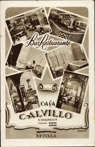 Ak Sevilla Andalusien Spanien, Bar Restaurante Casa Calvillo, Calle Sierpes 74