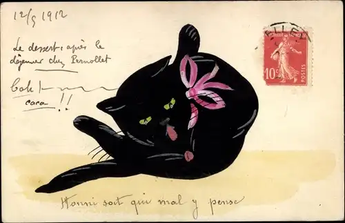 Ak Schwarze Katze beim Putzen, Schleife