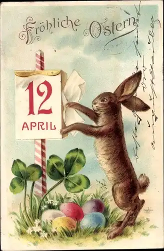 Litho Glückwunsch Ostern, Hase, Ostereier, Kalender, Kleeblätter