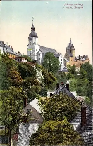 Ak Schwarzenberg im Erzgebirge Sachsen, Teilansicht, Kirche, Schloss
