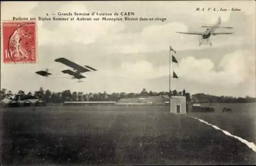 Ak Caen Calvados, Grande Semaine d&#39;Aviation, Biplane Sommer und Aubrun