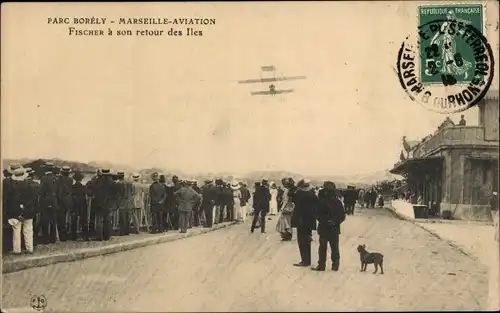 Ak Marseille Bouches du Rhône, Parc Borely, Aviation, Fischer bei seiner Rückkehr von den Inseln