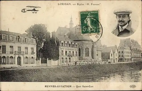 Ak Rennes Ille et Vilaine, Quai Saint Cast, Luftfahrt, Doppeldecker H. Farman