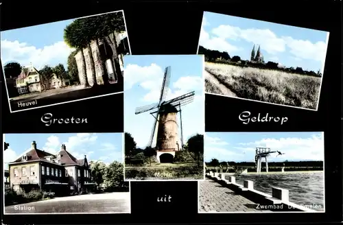 Ak Geldrop Nordbrabant Niederlande, Heuvel, Kerk, Station, Molen, Zwembad